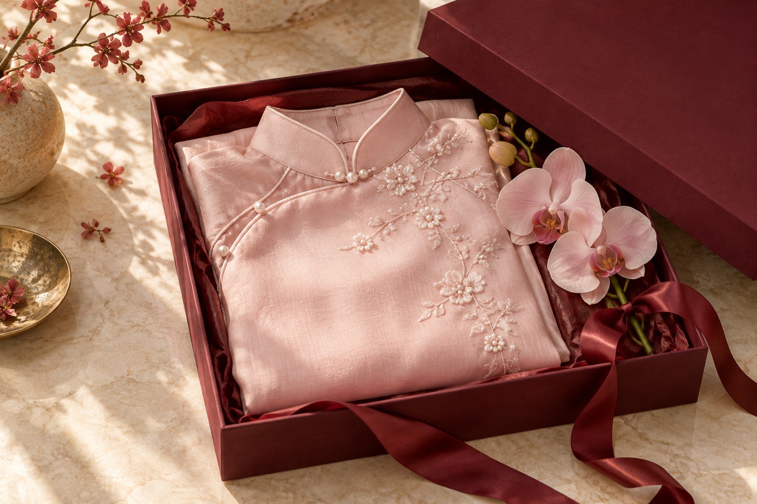Hộp quà áo dài hồng cùng hoa lan và ruy băng burgundy